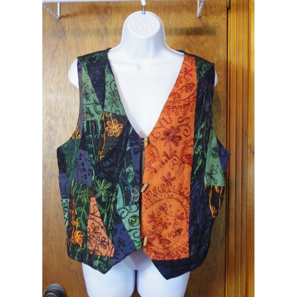 Sorrel‎ Womens Boho Patchwork Embroidered Cotton Vest Orange Green Black Size M
